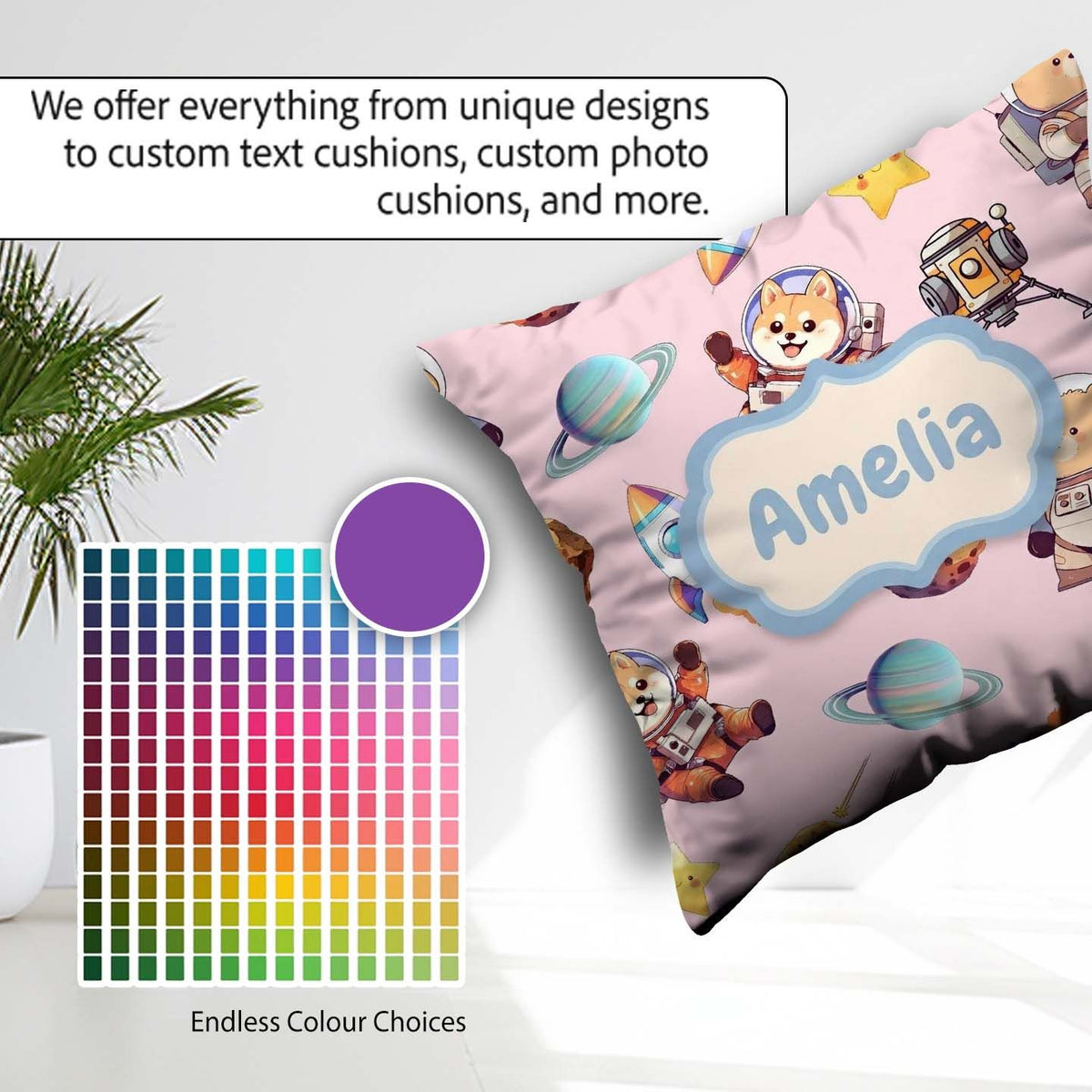 Custom Name Space Dog Bear Astronaut Rockets Planets Stars Blush Square Filled Cushion Throw Pillow Sofa Bed Home Decor Zip Washable UK Made