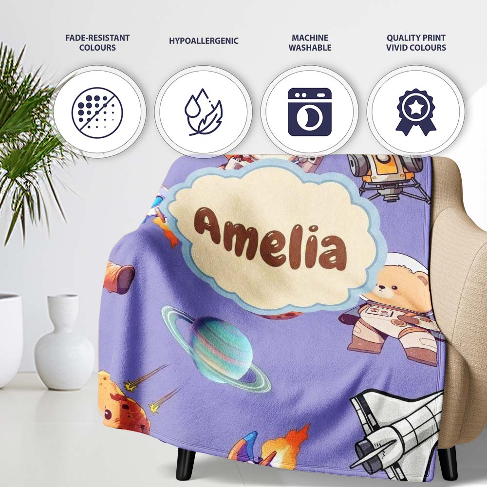 Space Dog Bear Astronaut Rockets Planets Stars Seamless Lavender Personalised Custom Name Super Soft Fleece Blanket Bed Sofa Throw