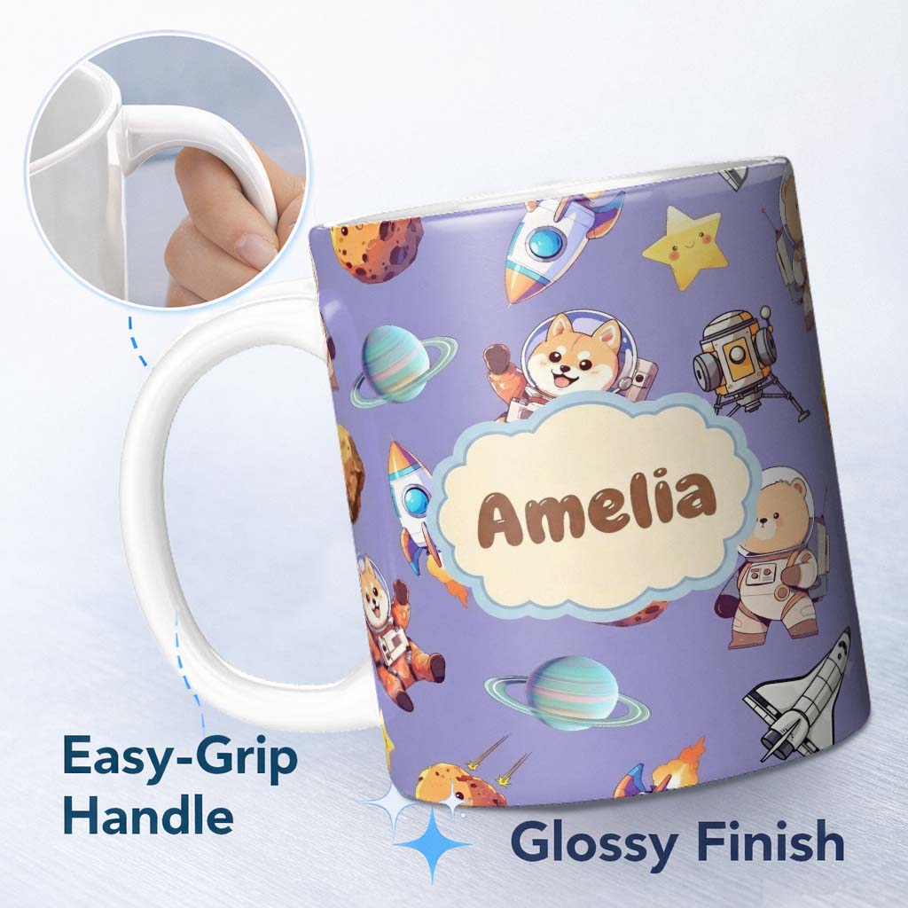 Personalized Custom Name Space Dog Bear Astronaut Rockets Planets Stars Seamless Lavender 11oz Ceramic Coffee Tea Mug White Large Handle