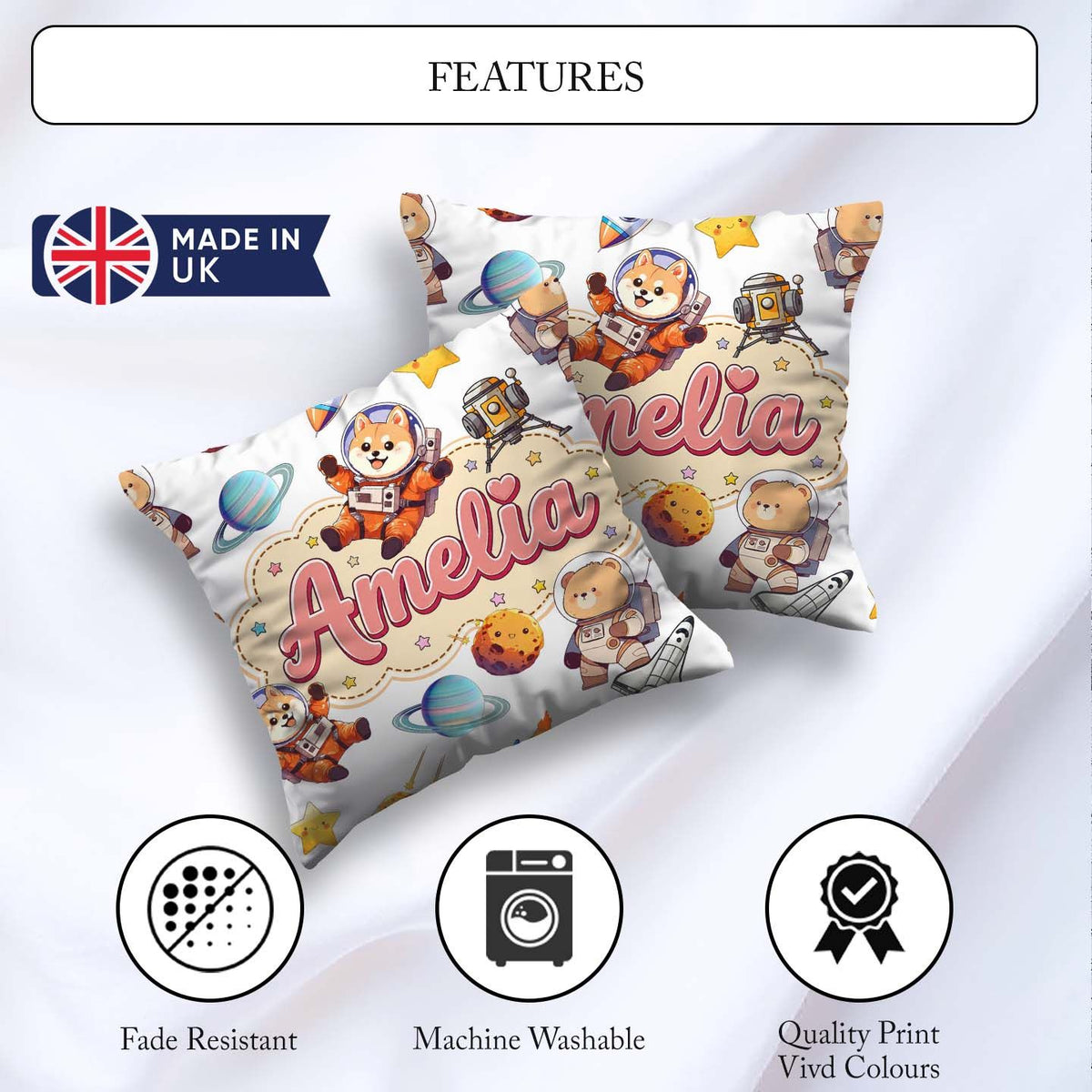 Custom Name Space Dog Bear Astronaut Rockets Planets Stars Light Square Filled Cushion Throw Pillow Sofa Bed Home Decor Zip Washable UK Made