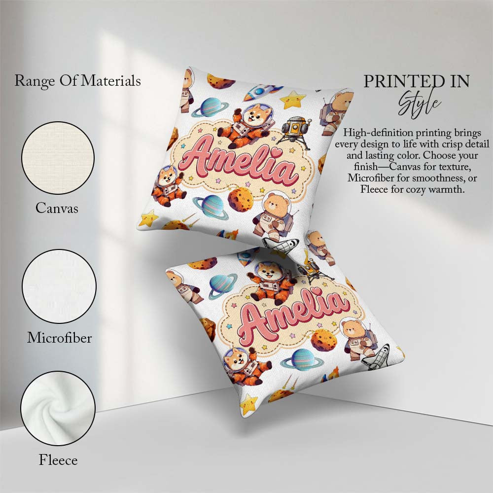 Custom Name Space Dog Bear Astronaut Rockets Planets Stars Light Square Filled Cushion Throw Pillow Sofa Bed Home Decor Zip Washable UK Made