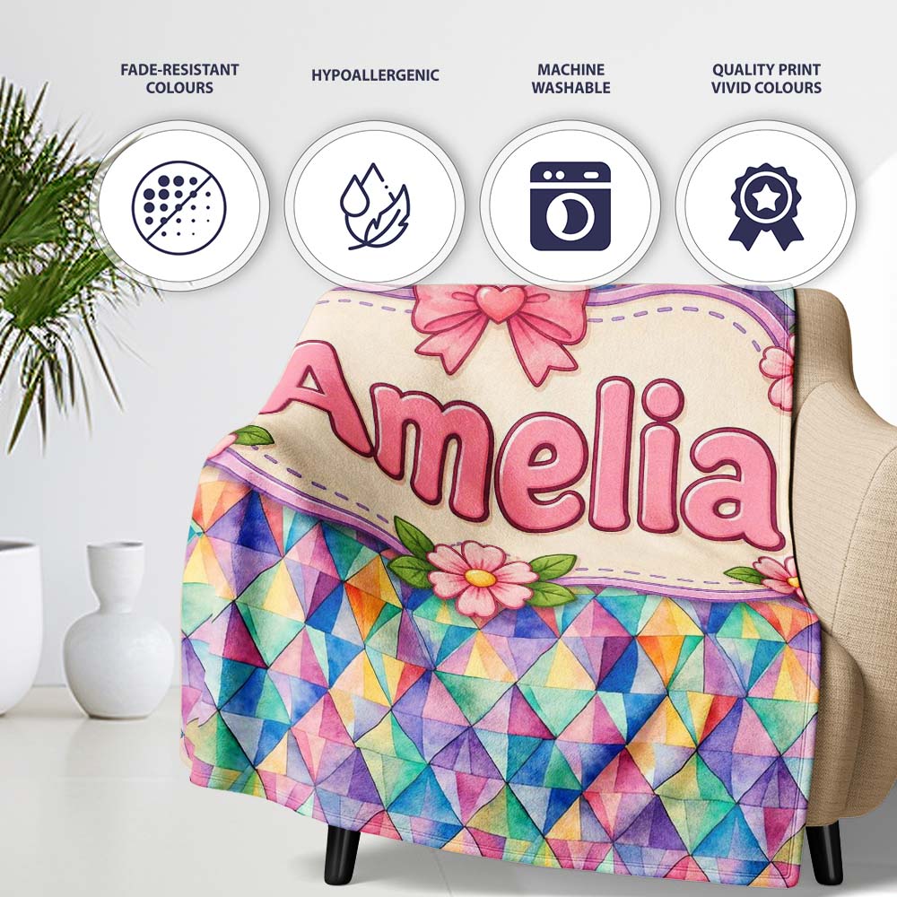 Watercolor Triangle Mosaic Seamless Pattern Beautiful Coffee Cup Personalised Custom Name Super Soft Fleece Blanket Bed Sofa Throw