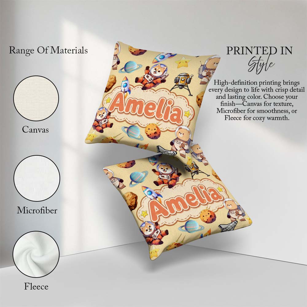 Custom Name Space Dog Bear Astronaut Planets Stars Seamless Soft Square Filled Cushion Throw Pillow Sofa Bed Home Decor Zip Washable UK Made