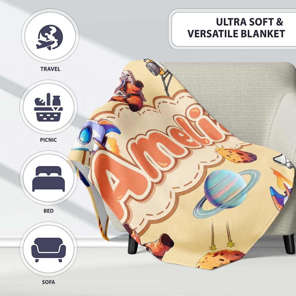 Space Dog Bear Astronaut Rocket Planets Stars Seamless Soft Yellow Personalised Custom Name Super Soft Fleece Blanket Bed Sofa Throw