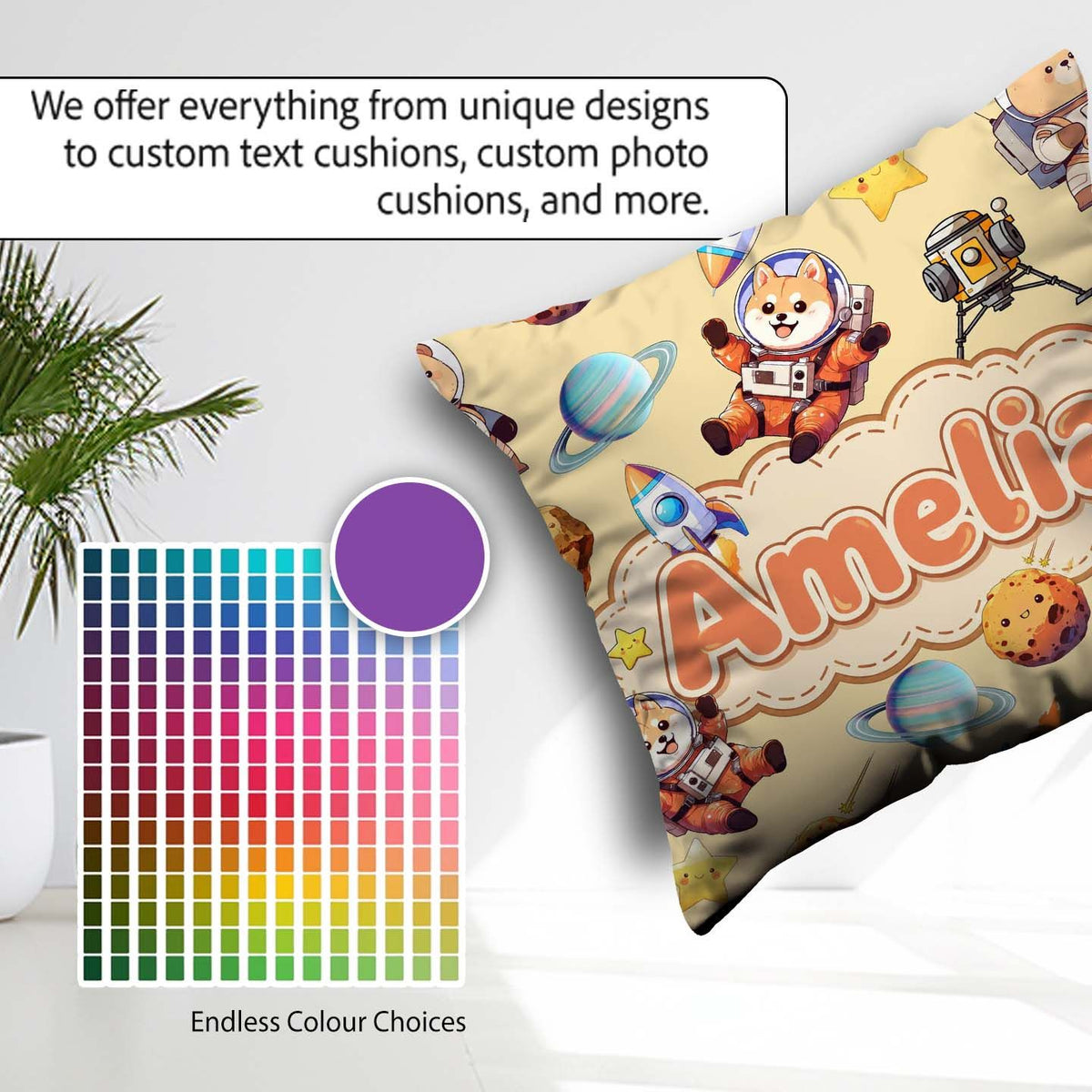 Custom Name Space Dog Bear Astronaut Planets Stars Seamless Soft Square Filled Cushion Throw Pillow Sofa Bed Home Decor Zip Washable UK Made