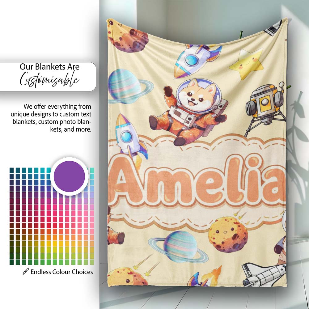 Space Dog Bear Astronaut Rocket Planets Stars Seamless Soft Yellow Personalised Custom Name Super Soft Fleece Blanket Bed Sofa Throw