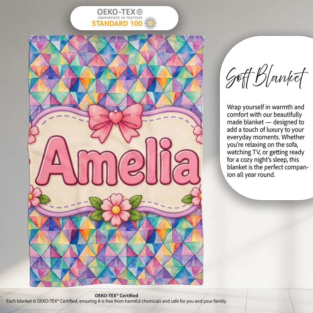 Watercolor Triangle Mosaic Seamless Pattern Beautiful Coffee Cup Personalised Custom Name Super Soft Fleece Blanket Bed Sofa Throw