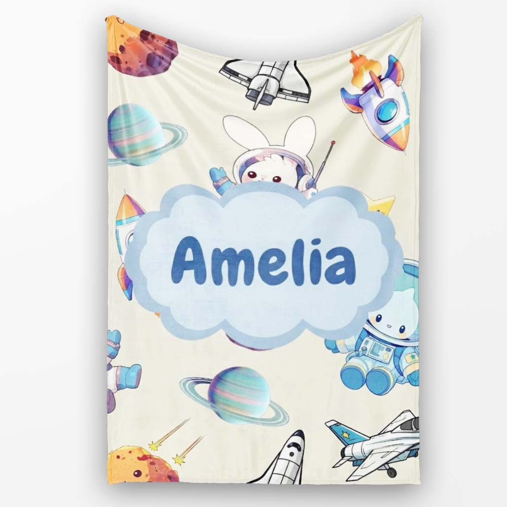 Bunny Astronaut Cat Space Rockets Planets Stars Seamless Cream Personalised Custom Name Super Soft Fleece Blanket Bed Sofa Throw