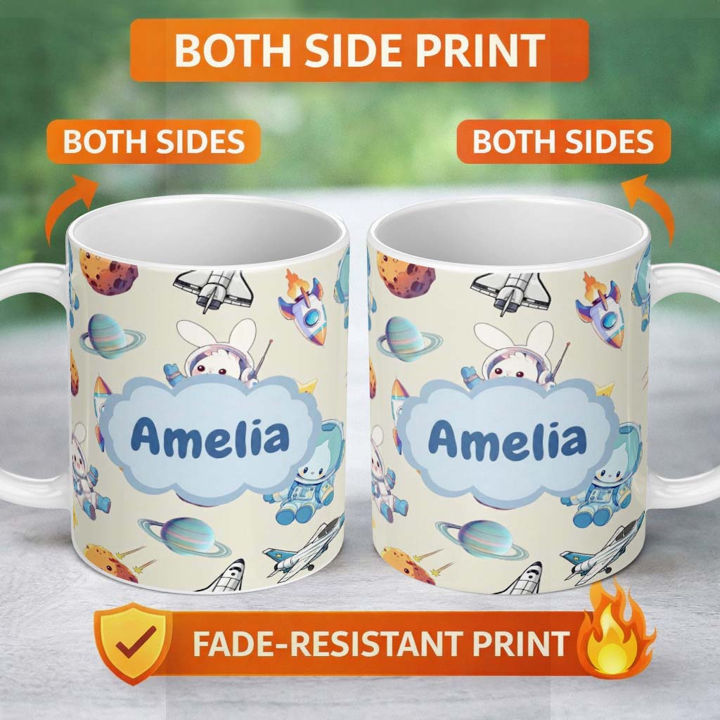 Personalized Custom Name Bunny Astronaut Cat Space Rockets Planets Stars Seamless Cream 11oz Ceramic Coffee Tea Mug White Large Handle