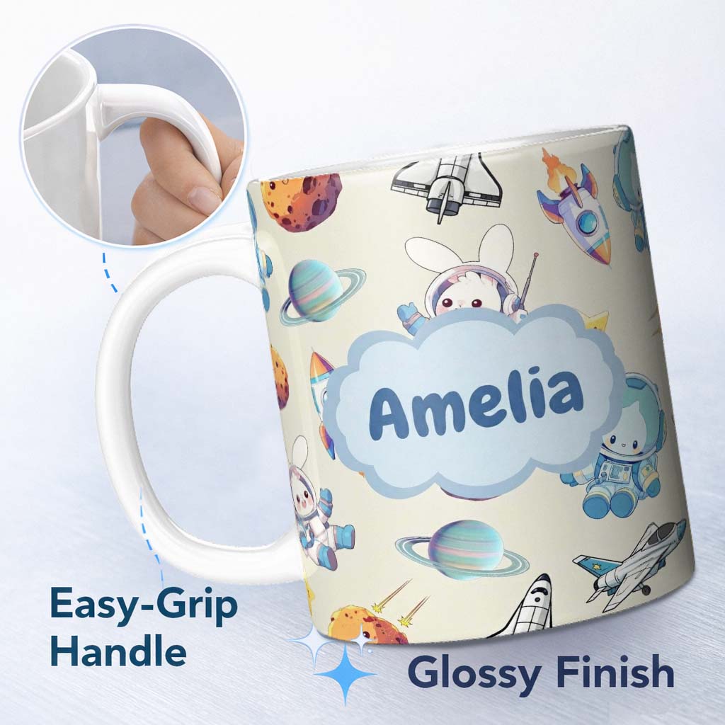 Personalized Custom Name Bunny Astronaut Cat Space Rockets Planets Stars Seamless Cream 11oz Ceramic Coffee Tea Mug White Large Handle