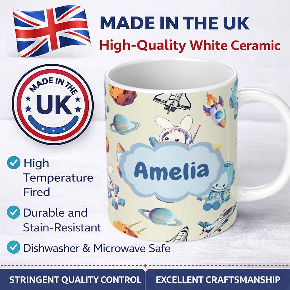 Personalized Custom Name Bunny Astronaut Cat Space Rockets Planets Stars Seamless Cream 11oz Ceramic Coffee Tea Mug White Large Handle