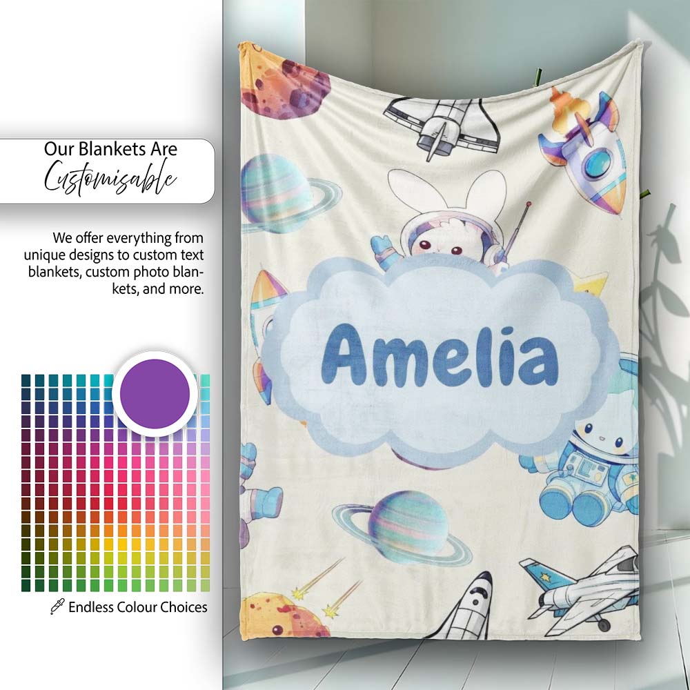 Bunny Astronaut Cat Space Rockets Planets Stars Seamless Cream Personalised Custom Name Super Soft Fleece Blanket Bed Sofa Throw