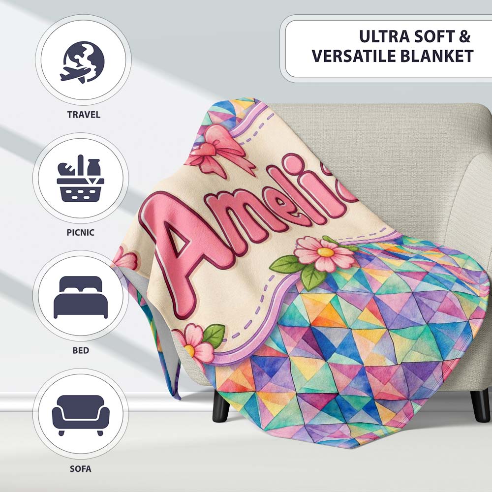 Watercolor Triangle Mosaic Seamless Pattern Beautiful Coffee Cup Personalised Custom Name Super Soft Fleece Blanket Bed Sofa Throw