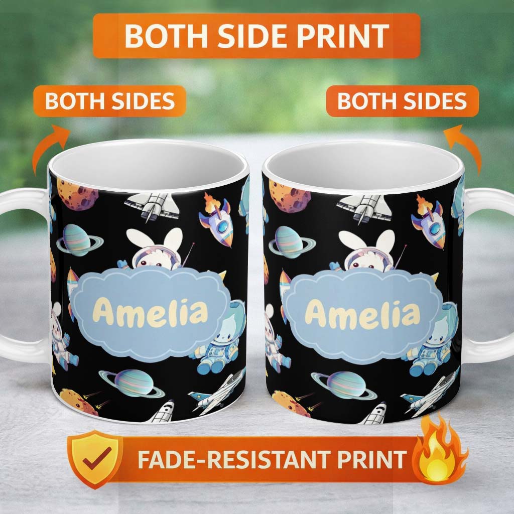 Personalized Custom Name Bunny Astronaut Cat Space Rockets Planets Stars Seamless Black 11oz Ceramic Coffee Tea Mug White Large Handle