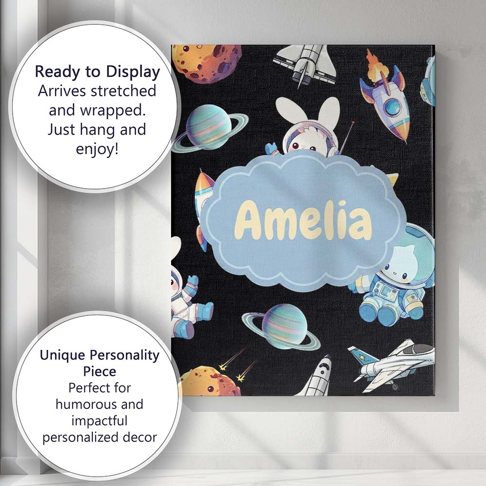 Personalised Name Bunny Astronaut Cat Space Custom Bespoke Interior Contemporary Canvas Wall Art Print Decor Picture Ready to Hang