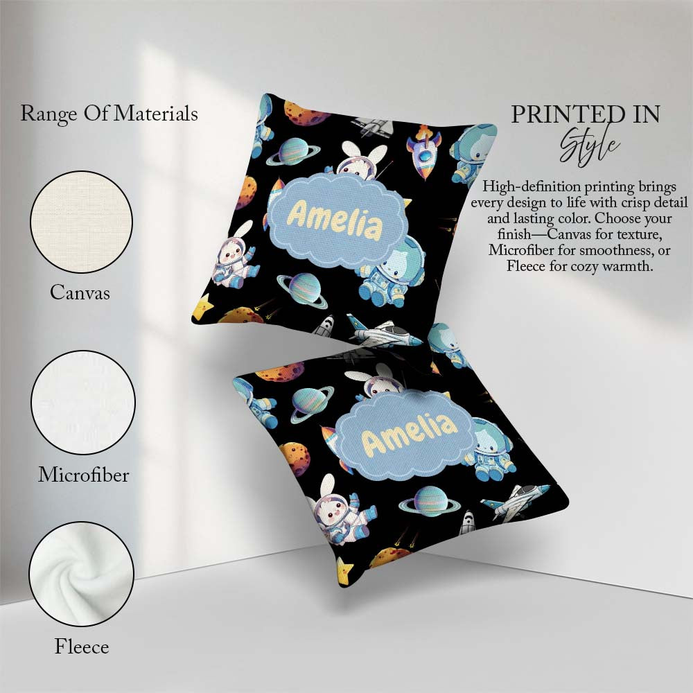 Custom Name Bunny Cat Space Rockets Planets Stars Seamless Black Square Filled Cushion Throw Pillow Sofa Bed Home Decor Zip Washable UK Made