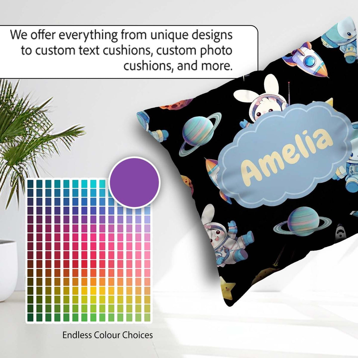 Custom Name Bunny Cat Space Rockets Planets Stars Seamless Black Square Filled Cushion Throw Pillow Sofa Bed Home Decor Zip Washable UK Made