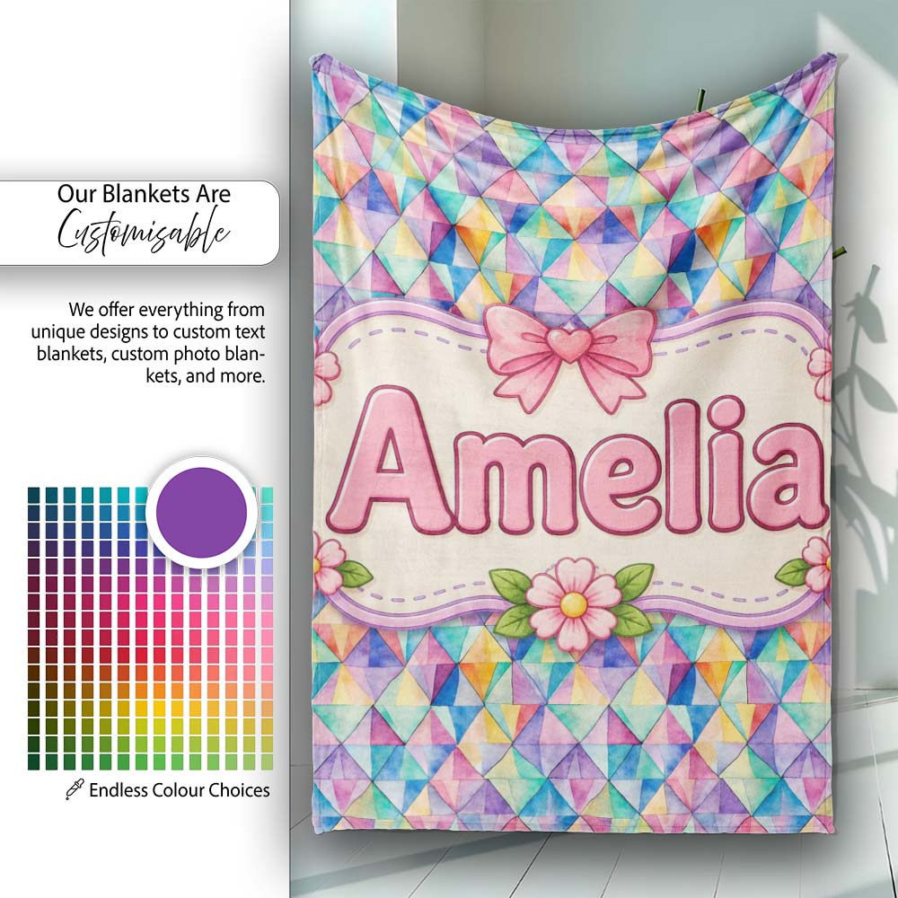 Watercolor Triangle Mosaic Seamless Pattern Beautiful Coffee Cup Personalised Custom Name Super Soft Fleece Blanket Bed Sofa Throw