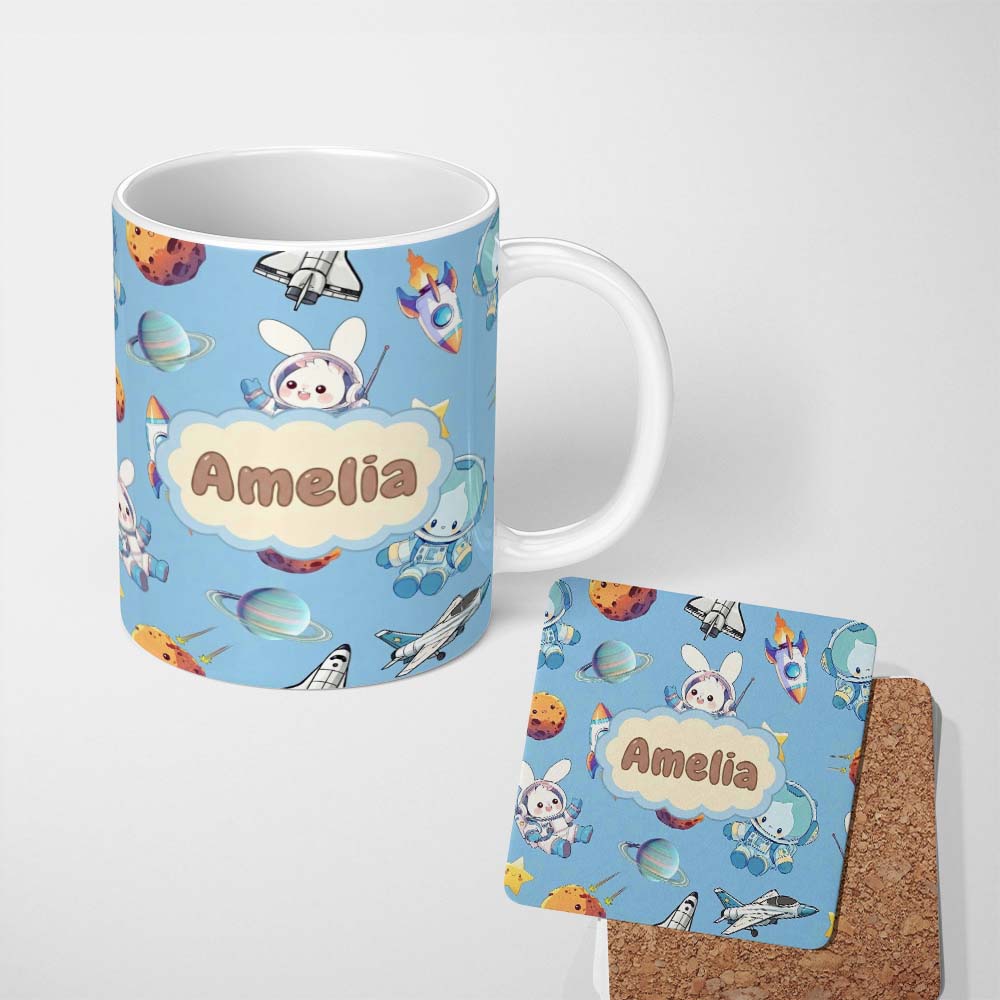 Personalized Custom Name Bunny Astronaut Cat Space Rockets Planets Stars Seamless Blue 11oz Ceramic Coffee Tea Mug White Large Handle
