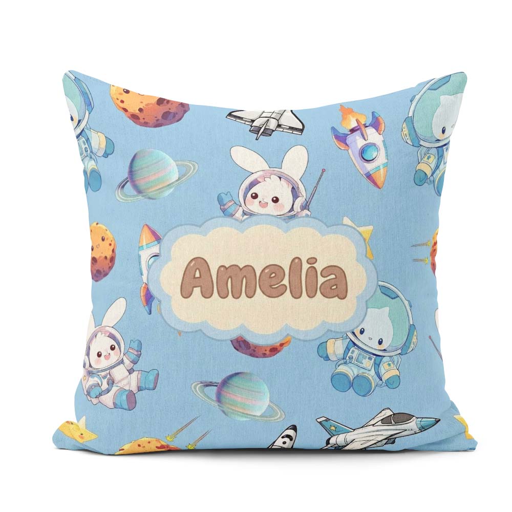 Custom Name Bunny Astronaut Cat Space Rockets Planets Stars Blue Square Filled Cushion Throw Pillow Sofa Bed Home Decor Zip Washable UK Made