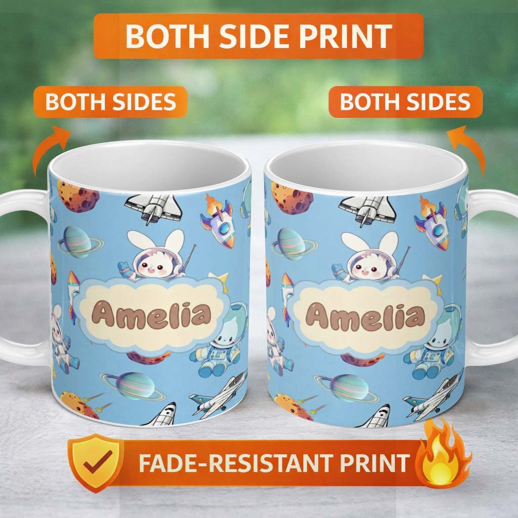 Personalized Custom Name Bunny Astronaut Cat Space Rockets Planets Stars Seamless Blue 11oz Ceramic Coffee Tea Mug White Large Handle