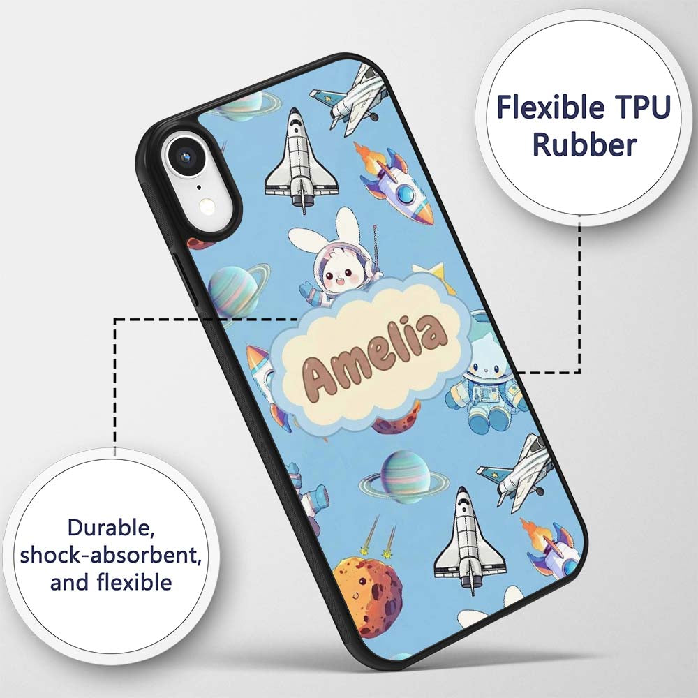 Bunny Astronaut Cat Space Rockets Planets Stars Custom Name Protective Phone Case Mobile Cover Durable Everyday Smartphone Shock Resistant