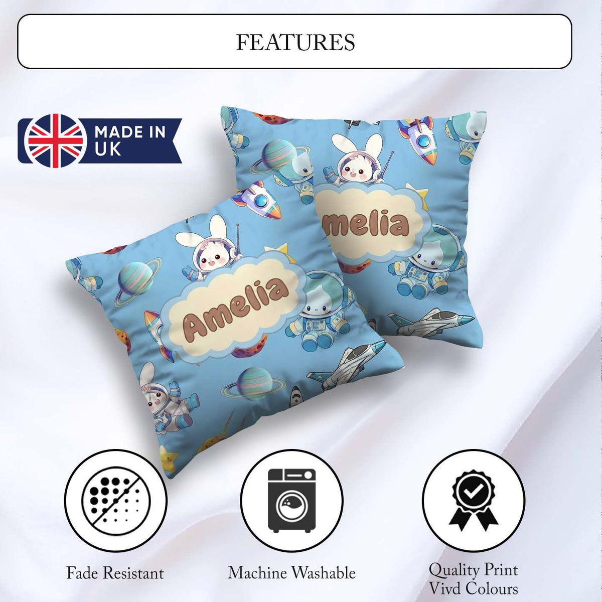 Custom Name Bunny Astronaut Cat Space Rockets Planets Stars Blue Square Filled Cushion Throw Pillow Sofa Bed Home Decor Zip Washable UK Made