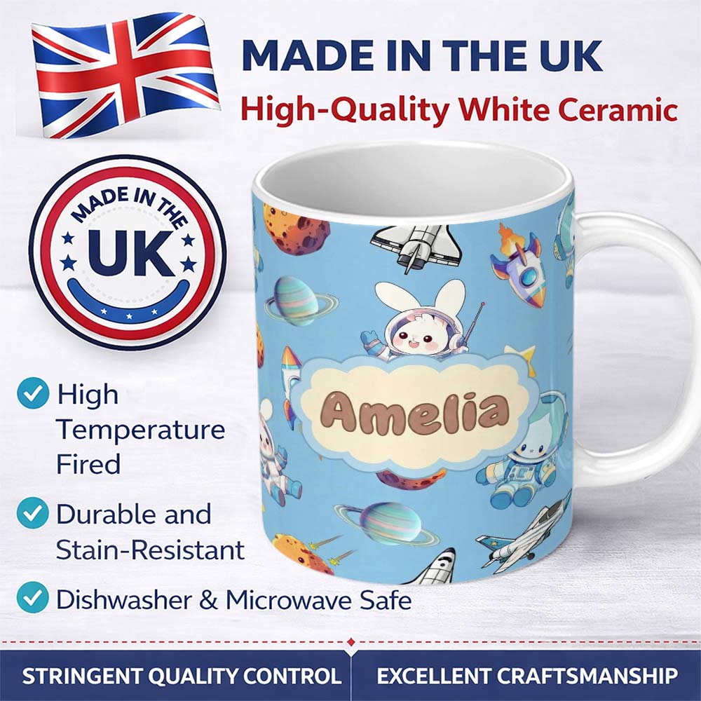 Personalized Custom Name Bunny Astronaut Cat Space Rockets Planets Stars Seamless Blue 11oz Ceramic Coffee Tea Mug White Large Handle