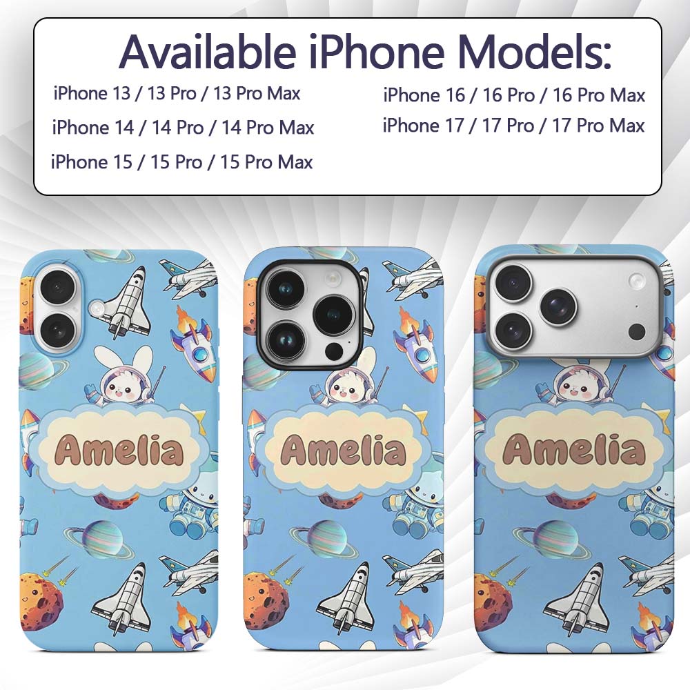 Bunny Astronaut Cat Space Rockets Planets Stars Custom Name Protective Phone Case Mobile Cover Durable Everyday Smartphone Shock Resistant