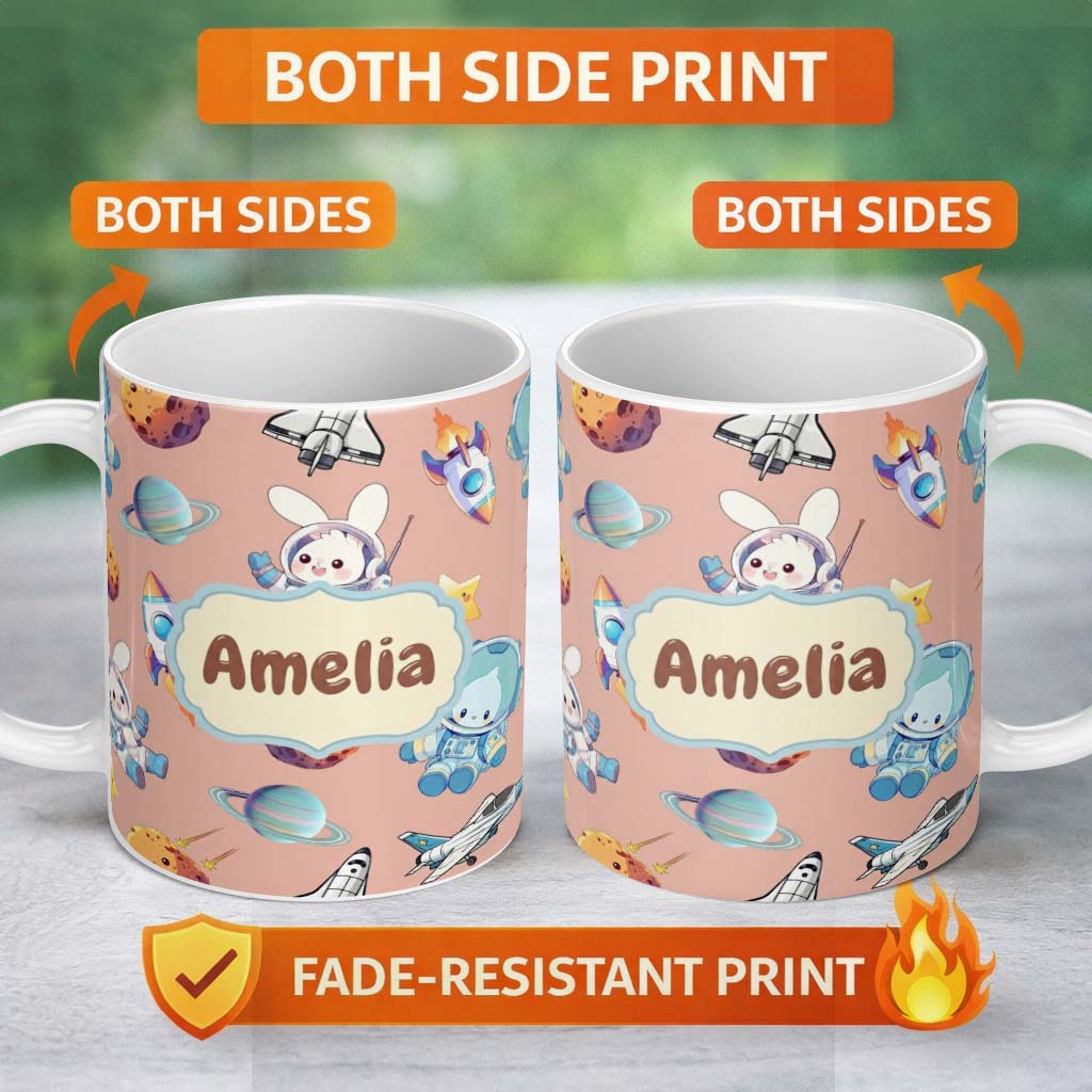 Personalized Custom Name Bunny Astronaut Cat Space Rockets Planets Stars Seamless Peach 11oz Ceramic Coffee Tea Mug White Large Handle