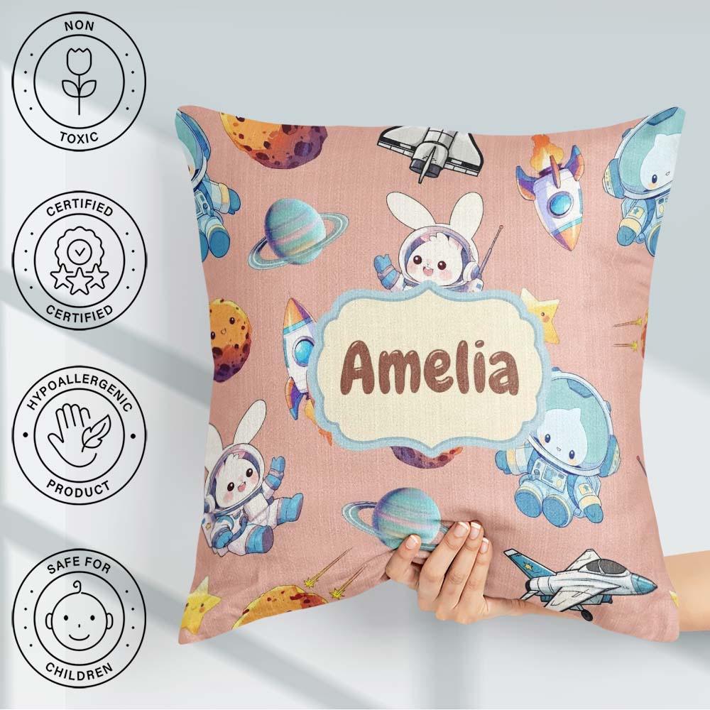 Custom Name Bunny Cat Space Rockets Planets Stars Seamless Peach Square Filled Cushion Throw Pillow Sofa Bed Home Decor Zip Washable UK Made