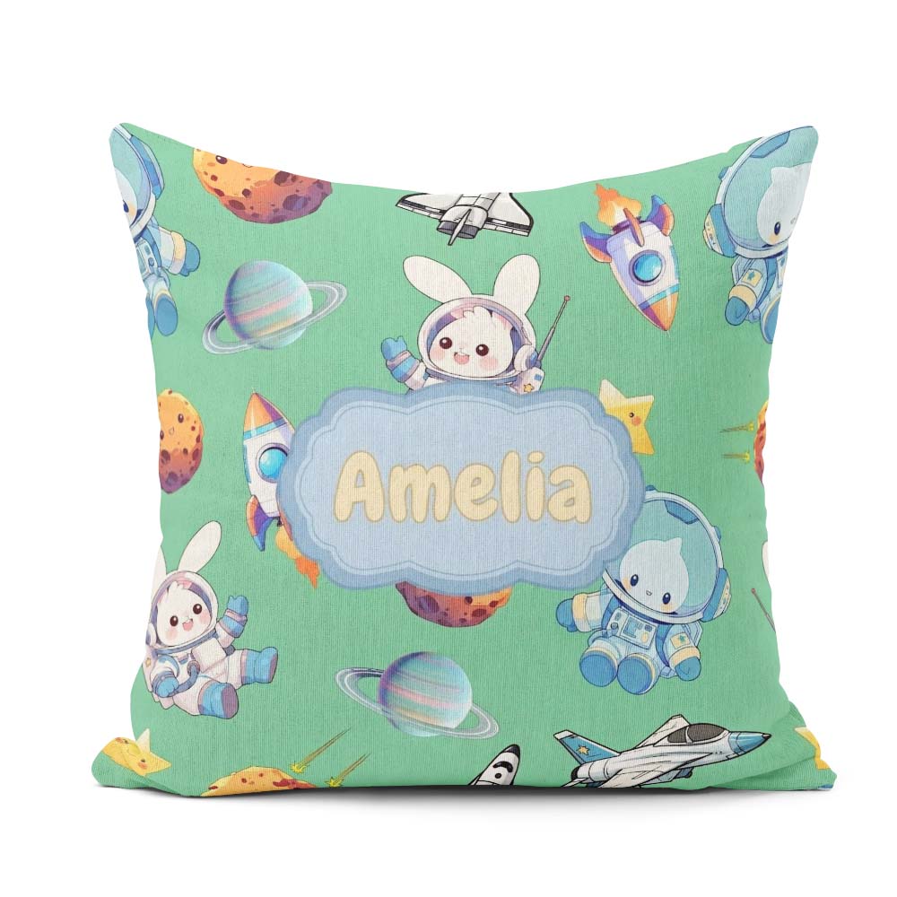 Custom Name Bunny Cat Space Rockets Planets Stars Seamless Green Square Filled Cushion Throw Pillow Sofa Bed Home Decor Zip Washable UK Made