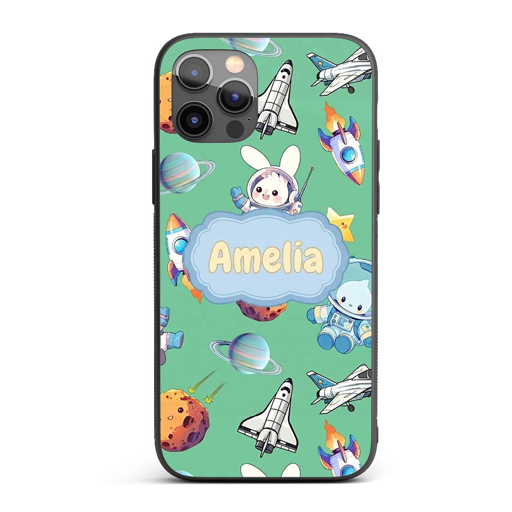 Bunny Astronaut Cat Space Rockets Planets Stars Custom Name Protective Phone Case Mobile Cover Durable Everyday Smartphone Shock Resistant