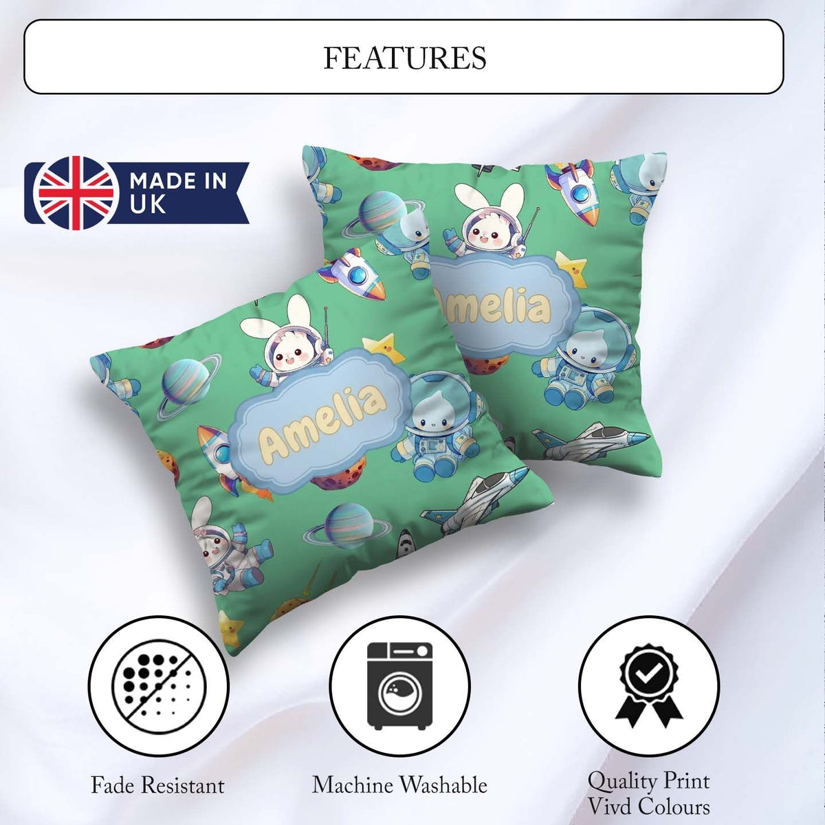 Custom Name Bunny Cat Space Rockets Planets Stars Seamless Green Square Filled Cushion Throw Pillow Sofa Bed Home Decor Zip Washable UK Made