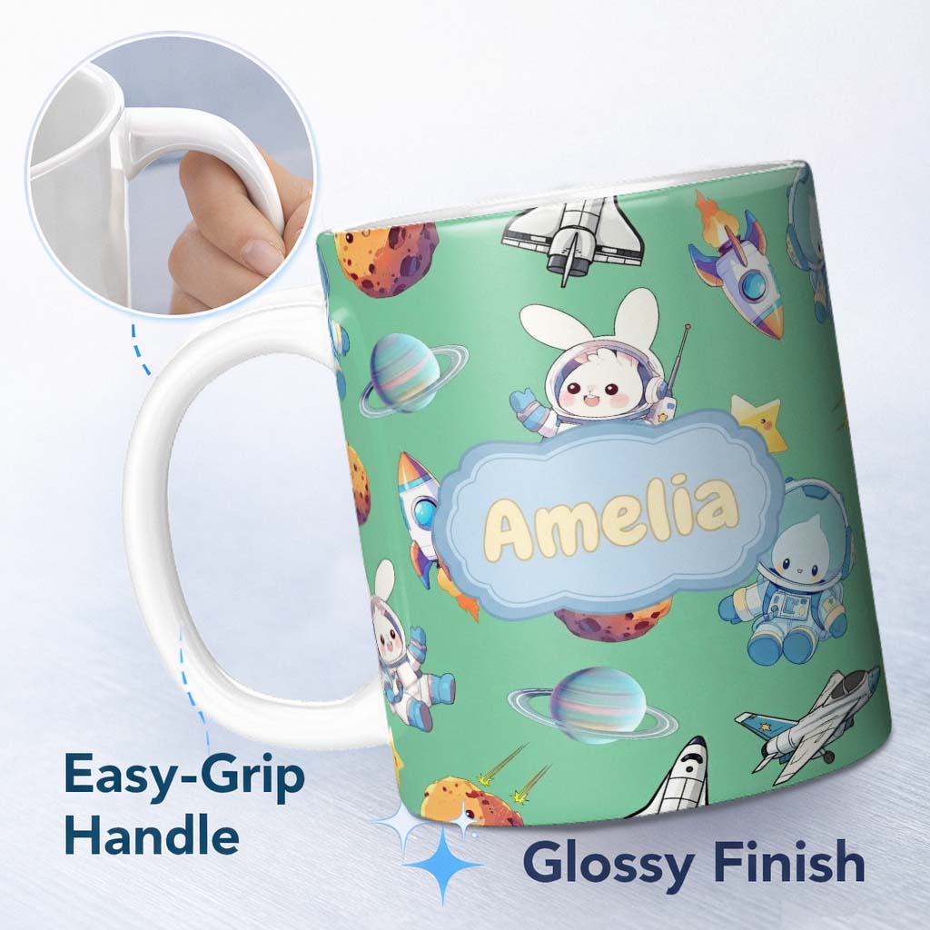 Personalized Custom Name Bunny Astronaut Cat Space Rockets Planets Stars Seamless Green 11oz Ceramic Coffee Tea Mug White Large Handle