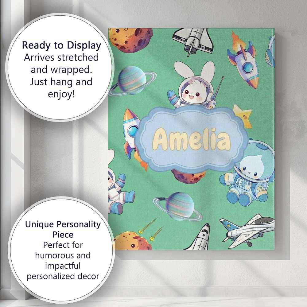 Personalised Name Bunny Astronaut Cat Space Custom Bespoke Interior Contemporary Canvas Wall Art Print Decor Picture Ready to Hang