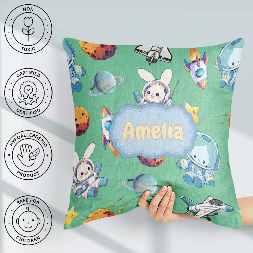Custom Name Bunny Cat Space Rockets Planets Stars Seamless Green Square Filled Cushion Throw Pillow Sofa Bed Home Decor Zip Washable UK Made
