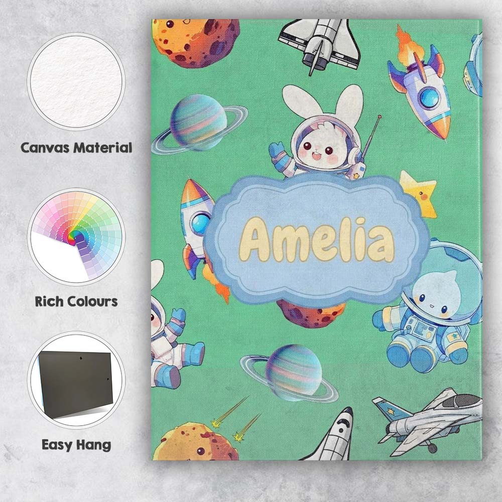 Personalised Name Bunny Astronaut Cat Space Custom Bespoke Interior Contemporary Canvas Wall Art Print Decor Picture Ready to Hang