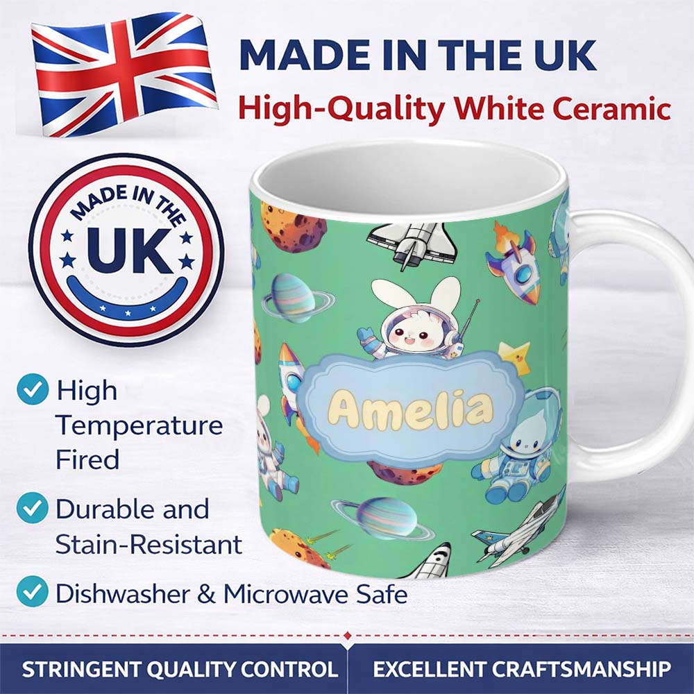 Personalized Custom Name Bunny Astronaut Cat Space Rockets Planets Stars Seamless Green 11oz Ceramic Coffee Tea Mug White Large Handle