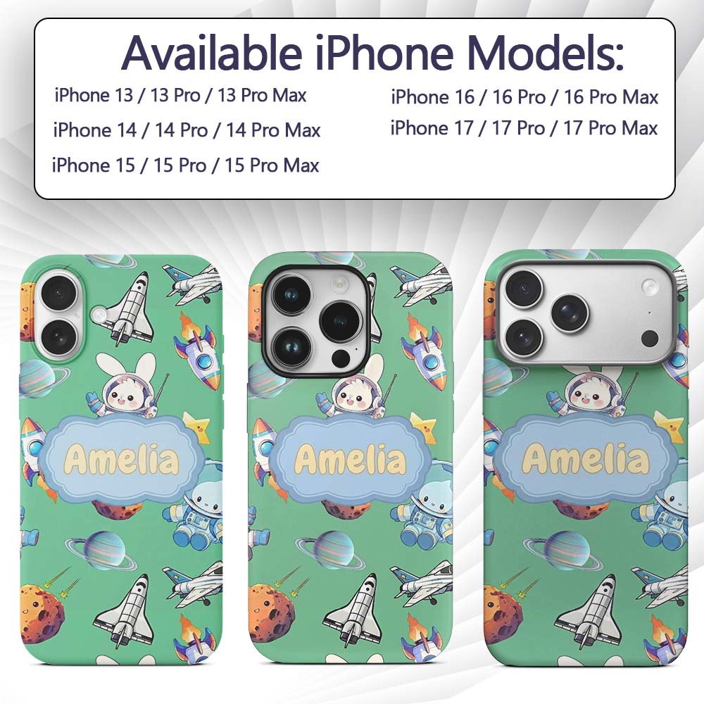 Bunny Astronaut Cat Space Rockets Planets Stars Custom Name Protective Phone Case Mobile Cover Durable Everyday Smartphone Shock Resistant