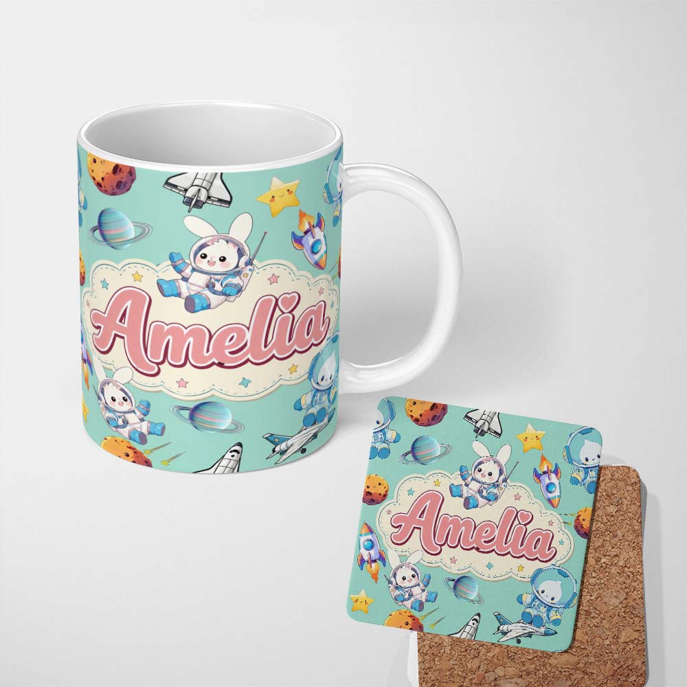 Personalized Custom Name Bunny Astronaut Cat Space Rockets Planets Stars Seamless Teal 11oz Ceramic Coffee Tea Mug White Large Handle