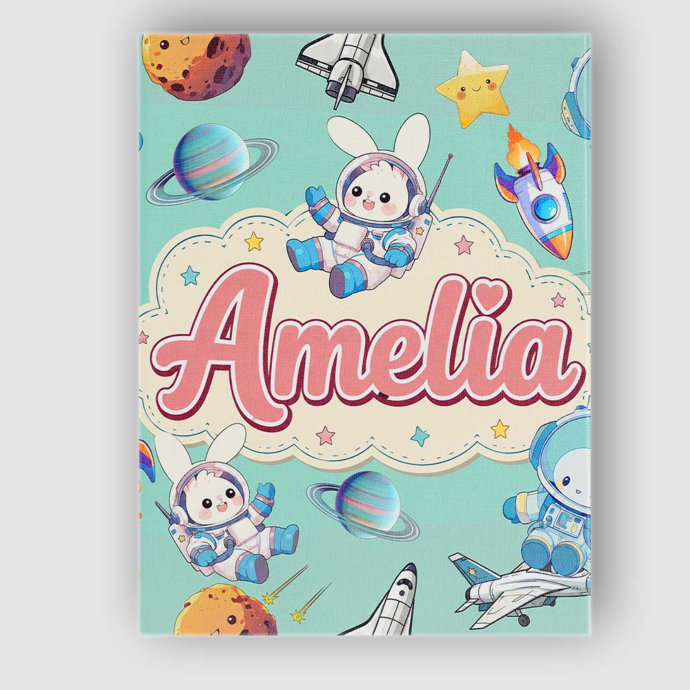 Personalised Name Bunny Astronaut Cat Space Custom Bespoke Interior Contemporary Canvas Wall Art Print Decor Picture Ready to Hang