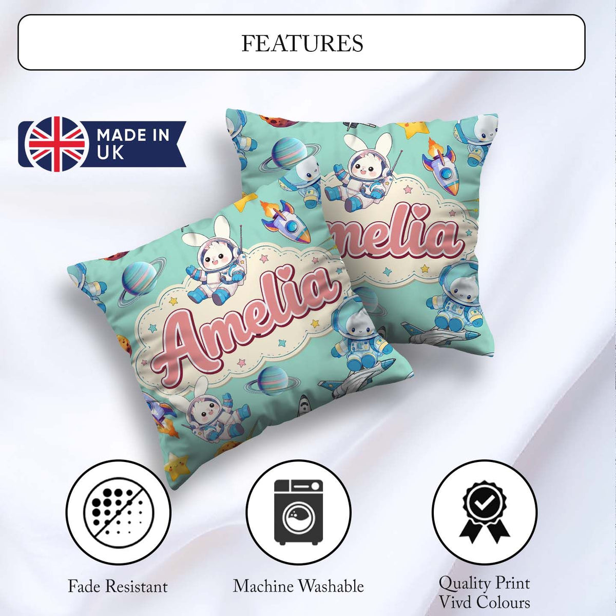 Custom Name Bunny Astronaut Cat Space Rockets Planets Stars Teal Square Filled Cushion Throw Pillow Sofa Bed Home Decor Zip Washable UK Made