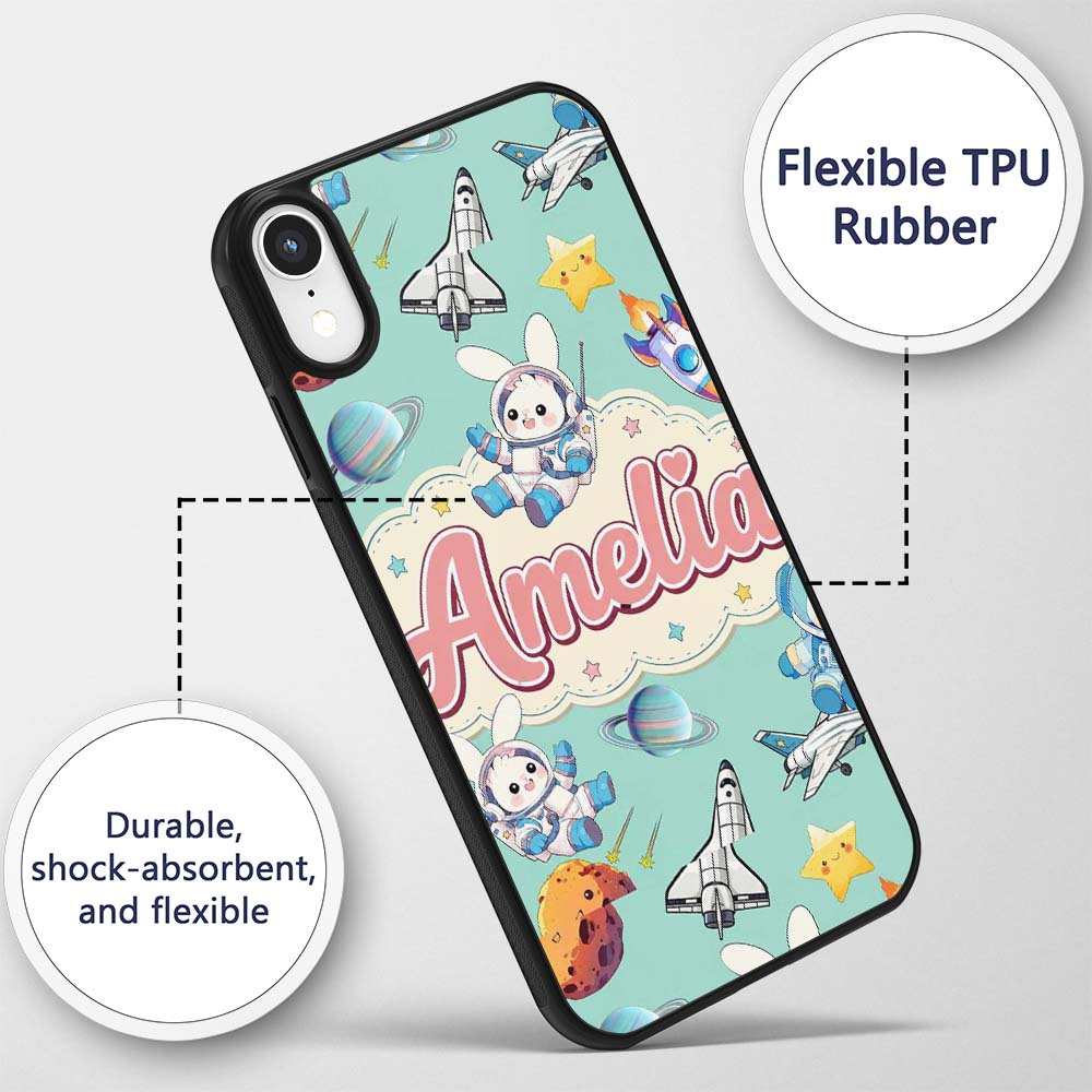 Bunny Astronaut Cat Space Rockets Planets Stars Custom Name Protective Phone Case Mobile Cover Durable Everyday Smartphone Shock Resistant