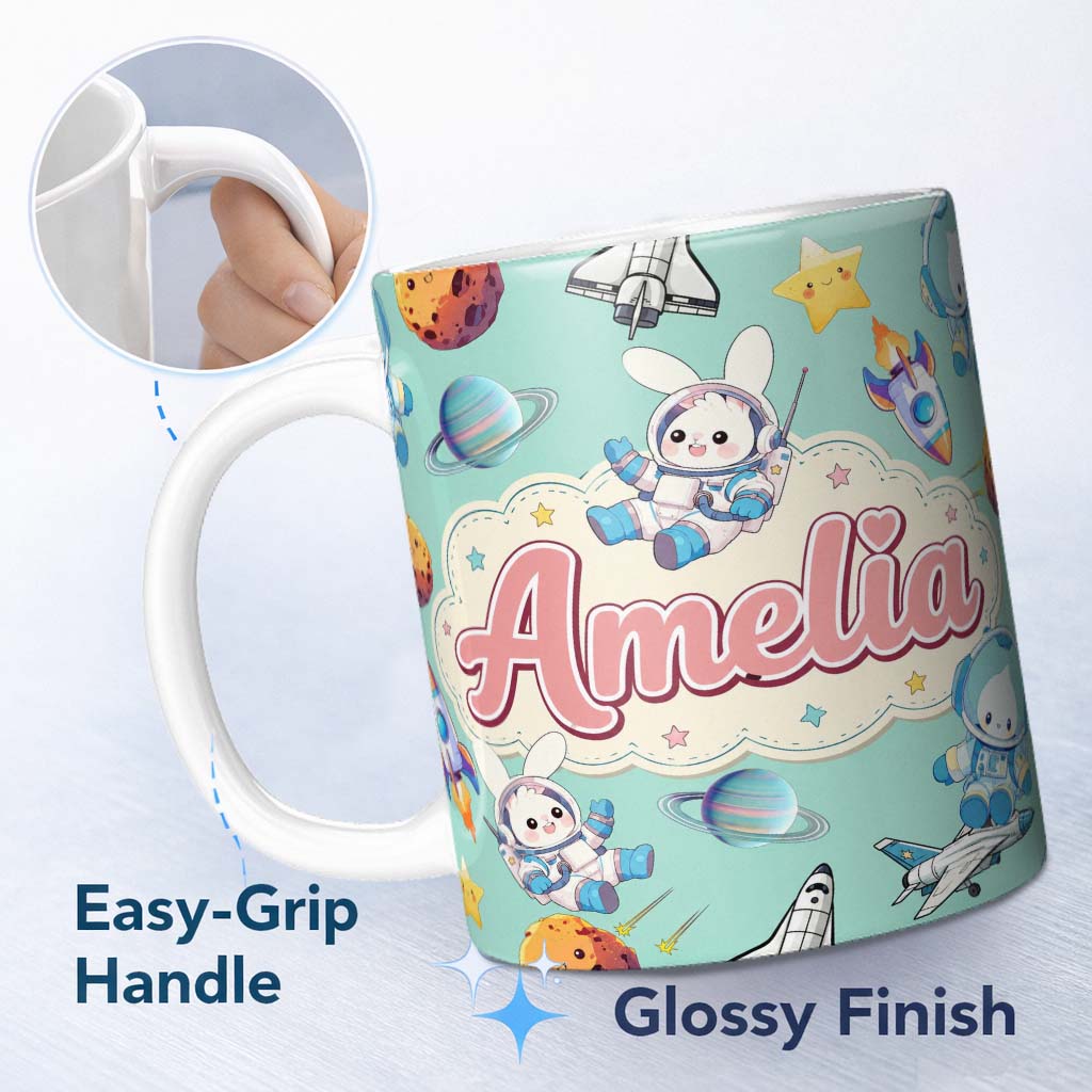 Personalized Custom Name Bunny Astronaut Cat Space Rockets Planets Stars Seamless Teal 11oz Ceramic Coffee Tea Mug White Large Handle