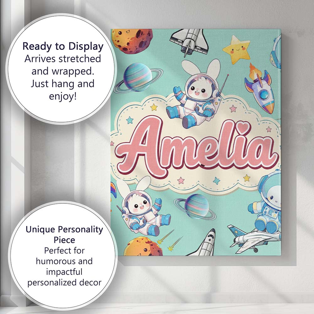 Personalised Name Bunny Astronaut Cat Space Custom Bespoke Interior Contemporary Canvas Wall Art Print Decor Picture Ready to Hang