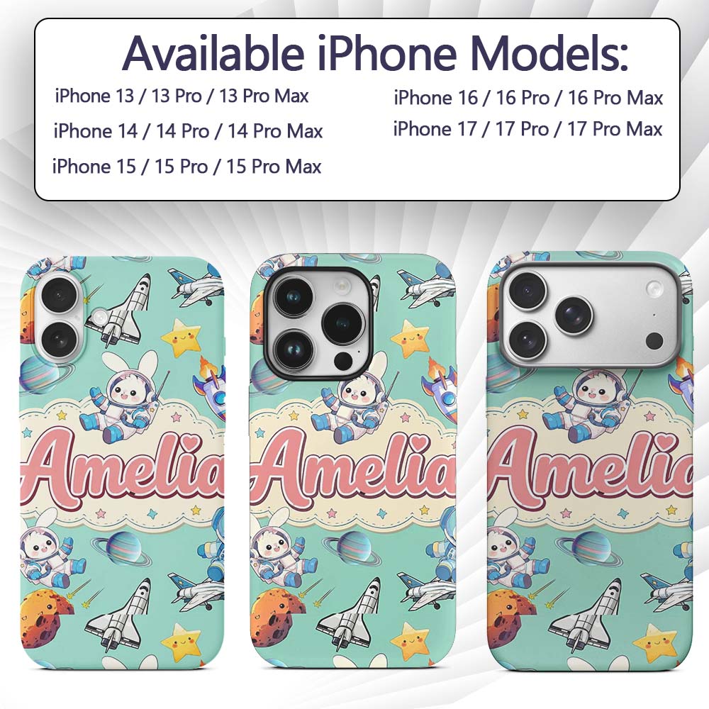 Bunny Astronaut Cat Space Rockets Planets Stars Custom Name Protective Phone Case Mobile Cover Durable Everyday Smartphone Shock Resistant