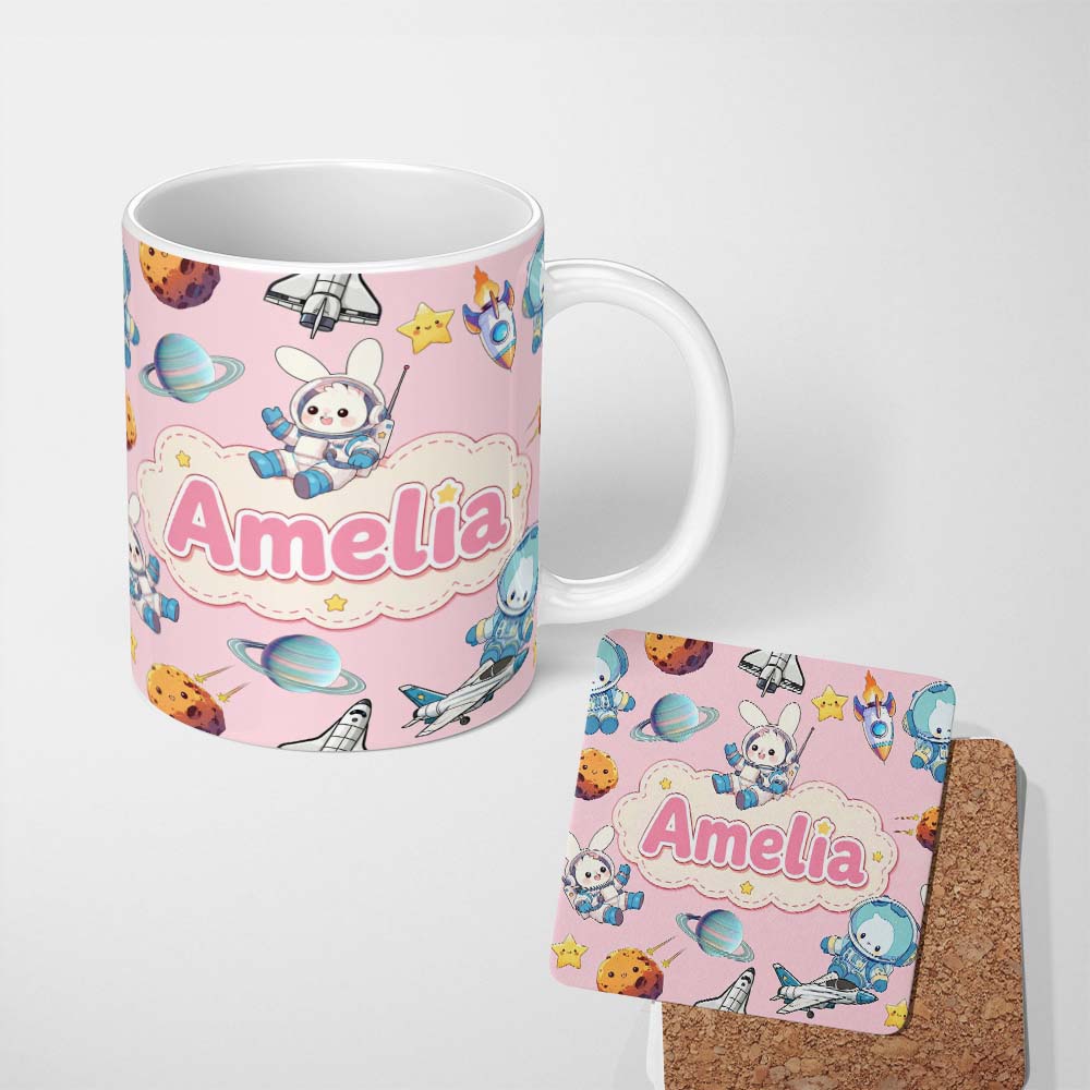 Personalized Custom Name Bunny Astronaut Cat Space Rockets Planets Stars Seamless Pink 11oz Ceramic Coffee Tea Mug White Large Handle