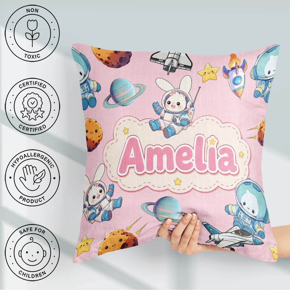 Custom Name Bunny Astronaut Cat Space Rockets Planets Stars Pink Square Filled Cushion Throw Pillow Sofa Bed Home Decor Zip Washable UK Made