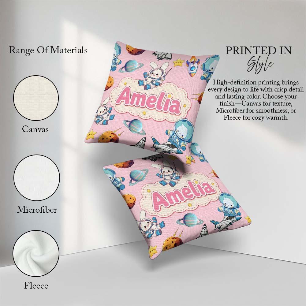 Custom Name Bunny Astronaut Cat Space Rockets Planets Stars Pink Square Filled Cushion Throw Pillow Sofa Bed Home Decor Zip Washable UK Made